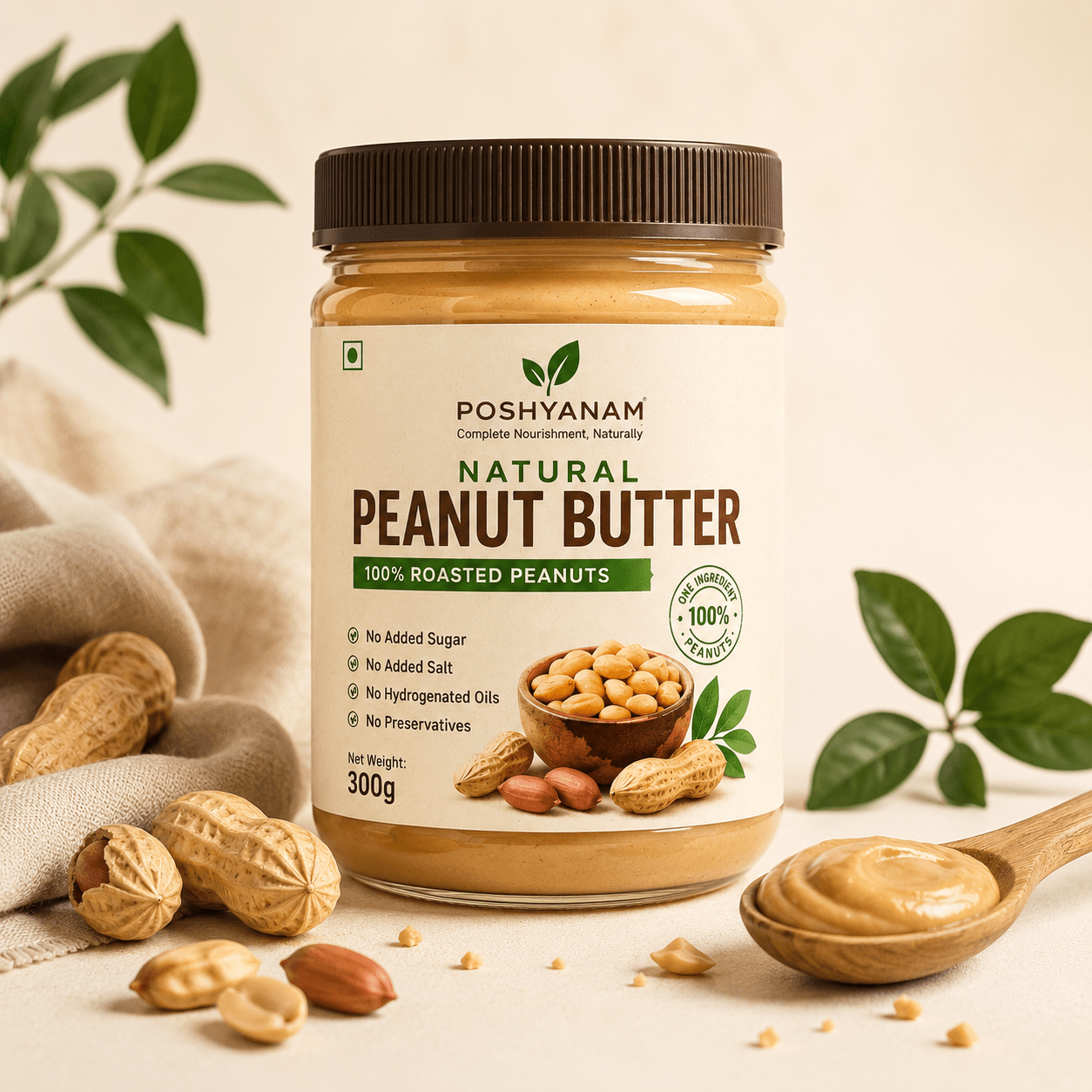 Poshyanam Natural Peanut Butter 300g front jar