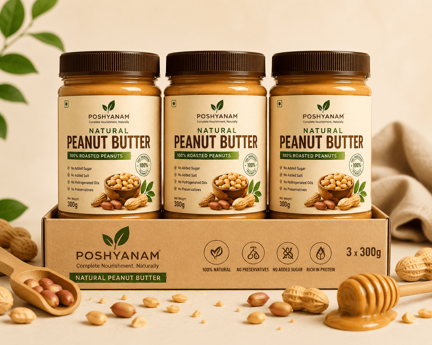 Poshyanam Natural Peanut Butter bundle pack with three jars